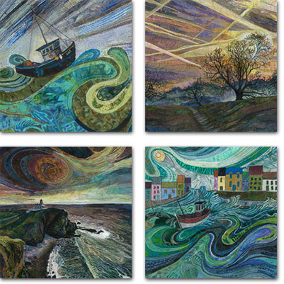 4 square cards with land and seascape designs