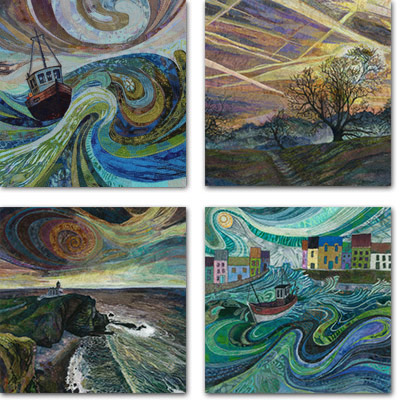 4 square cards with land and seascape designs